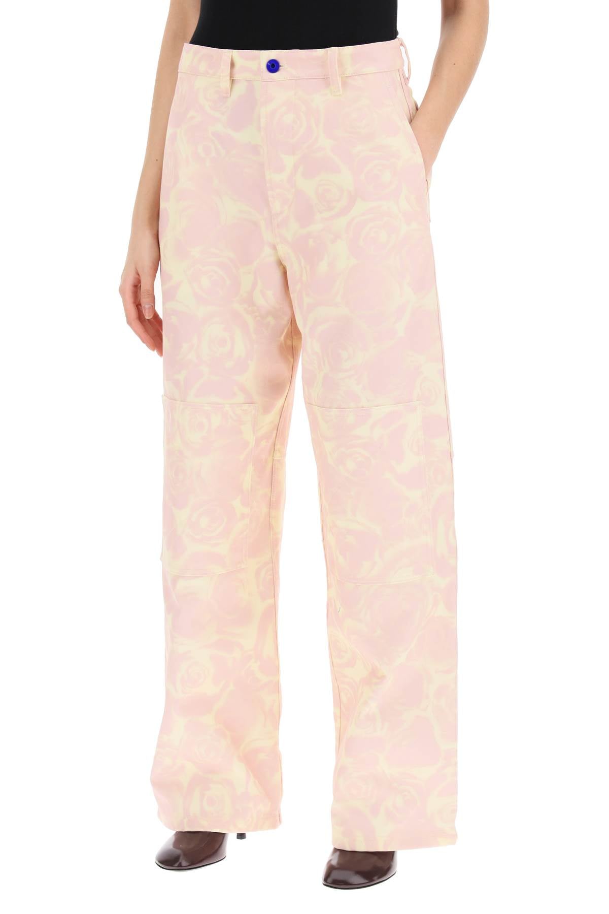 "rose Print Canvas Workwear Pants"  - Pink