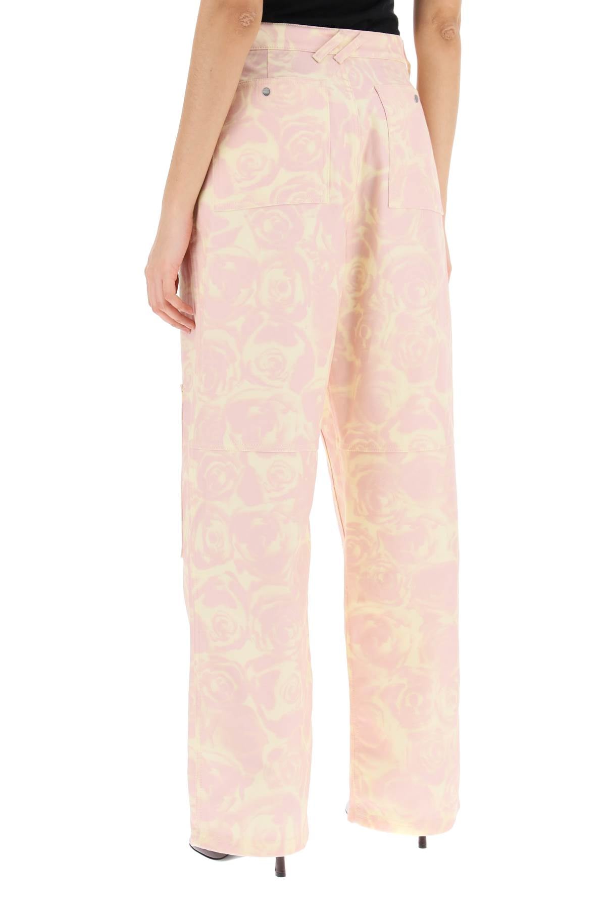 "rose Print Canvas Workwear Pants"  - Pink