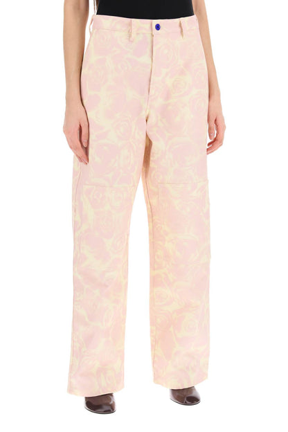 "rose Print Canvas Workwear Pants"  - Pink