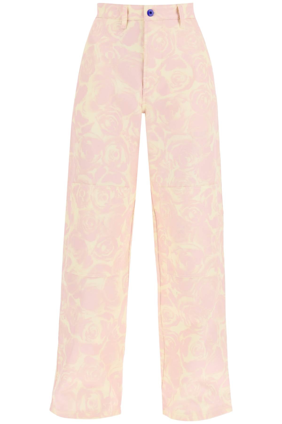 "rose Print Canvas Workwear Pants"  - Pink