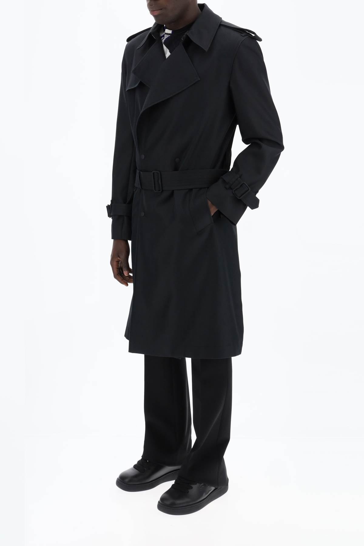 Double-breasted Silk Blend Trench Coat  - Black