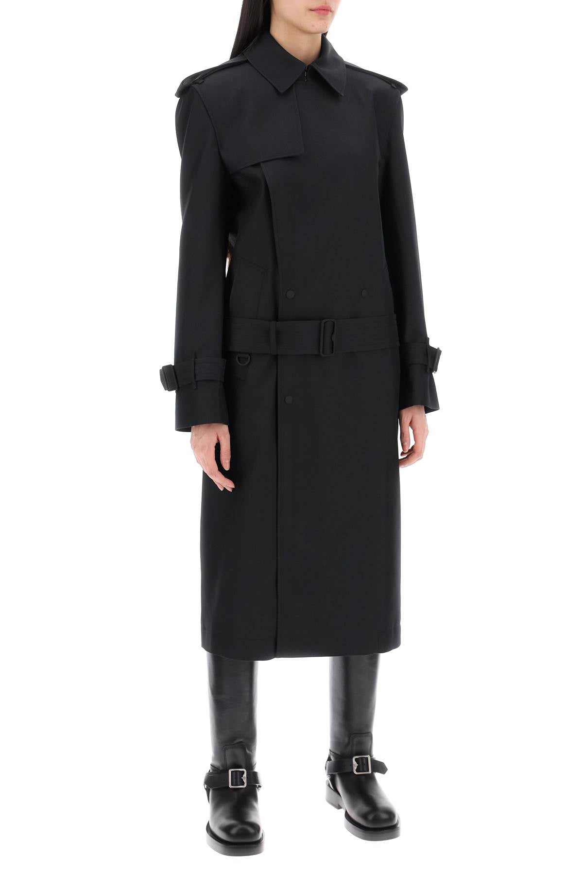 Double-breasted Silk Twill Trench Coat  - Black