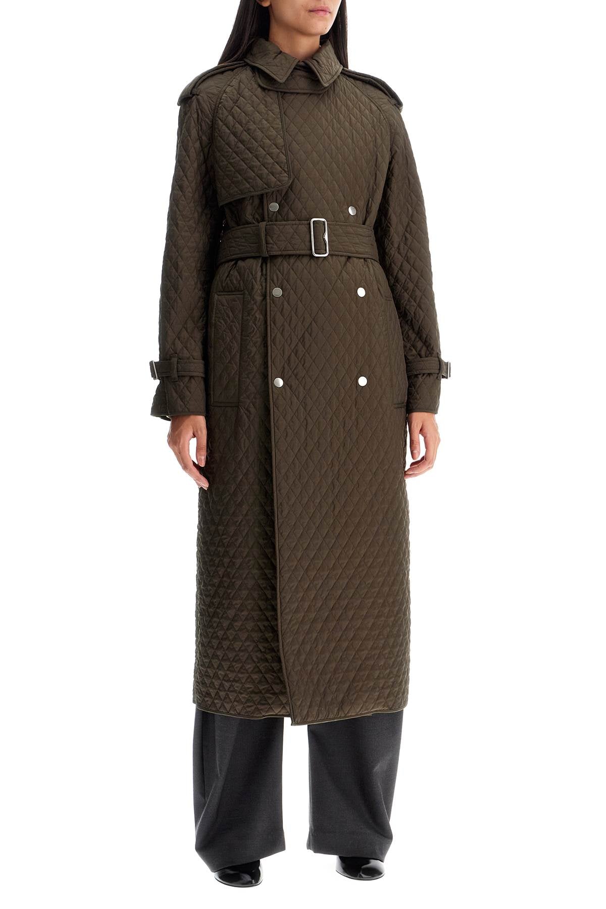 Long Quilted Trench Coat  - Khaki