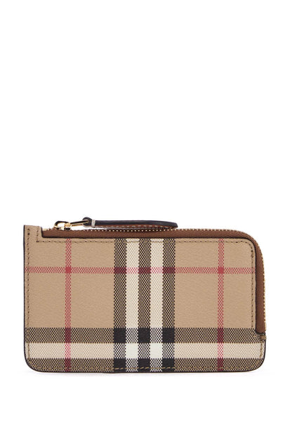 Beige Leather Wallet With Check Pattern And Zip Closure  - Beige