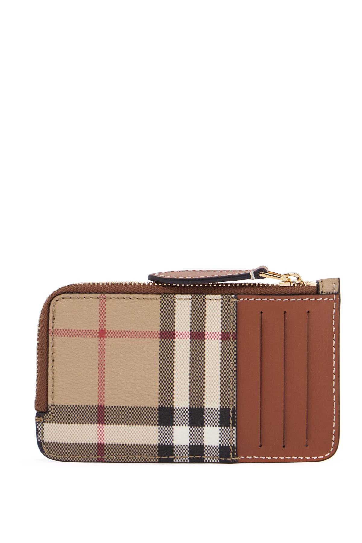 Beige Leather Wallet With Check Pattern And Zip Closure  - Beige