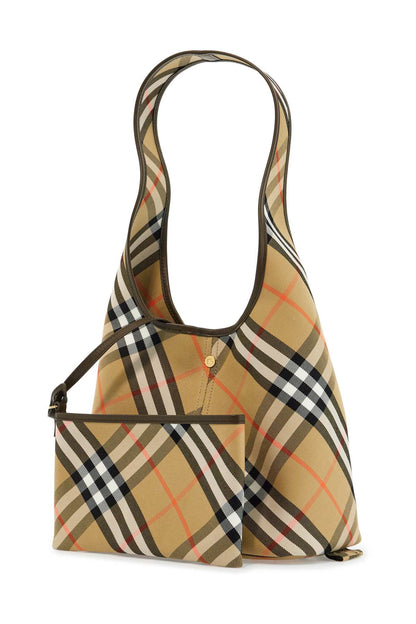 Large Beige Cotton Shoulder Bag With Check Pattern And Coordinated Pouch  - Beige