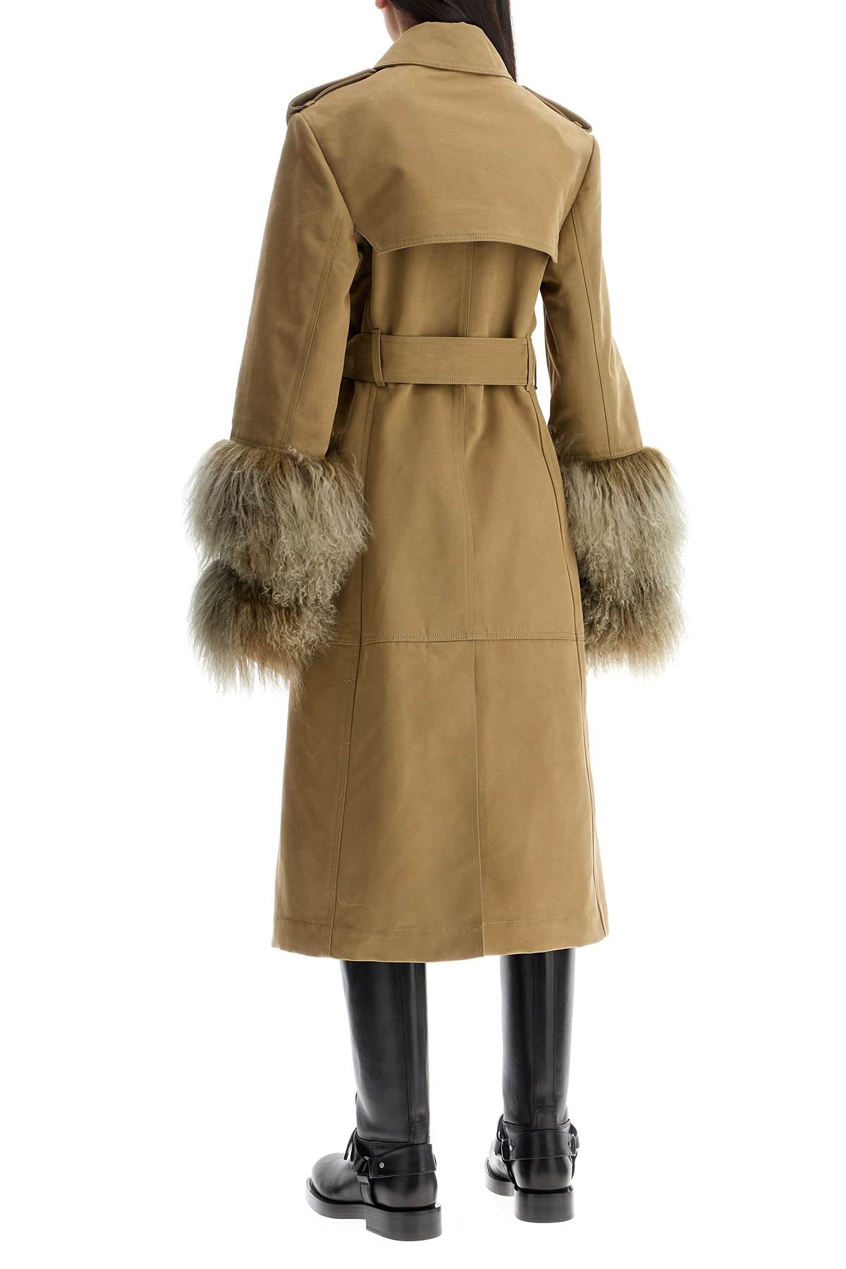 Long Trench Coat With Shearling Cuffs  - Khaki