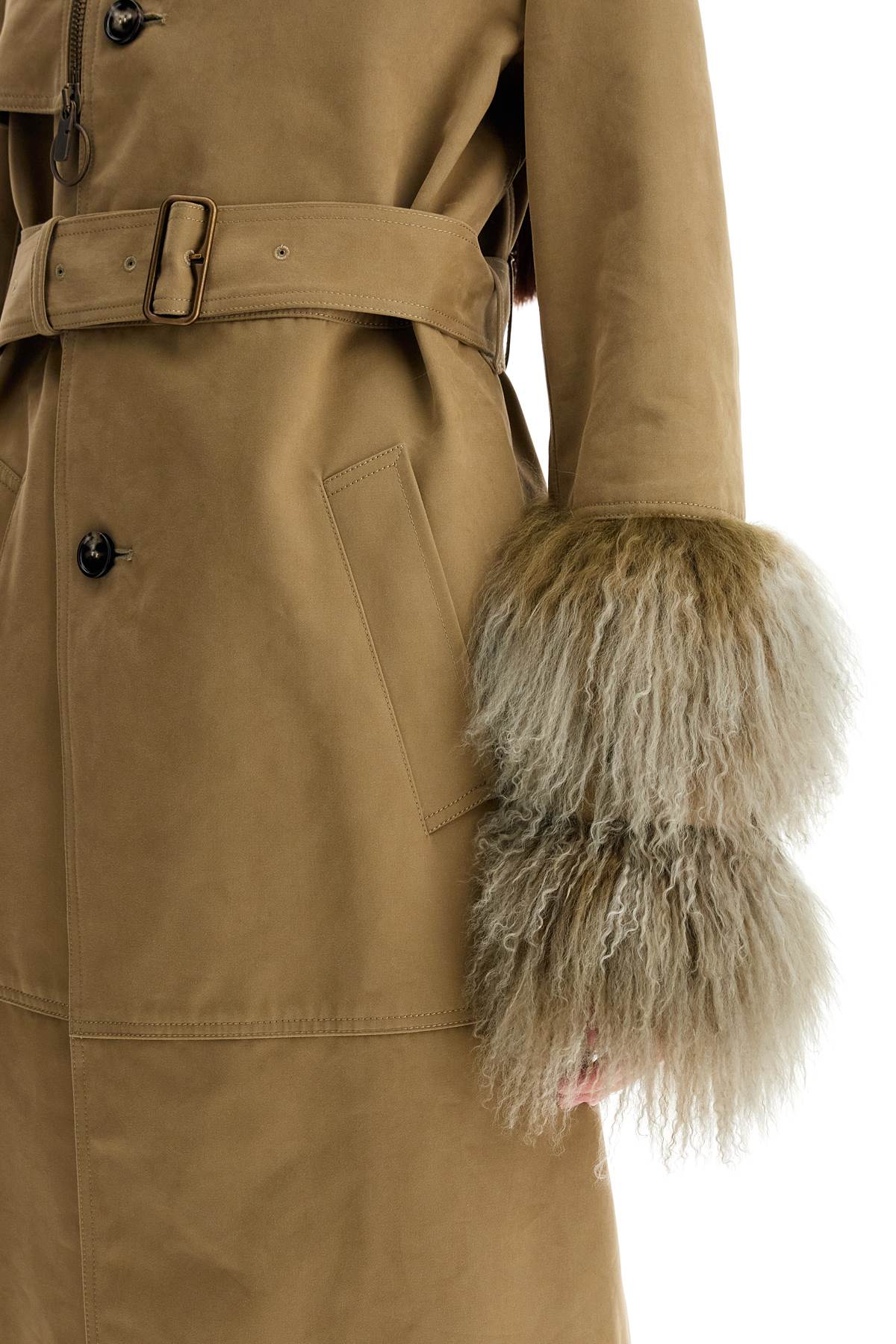 Long Trench Coat With Shearling Cuffs  - Khaki