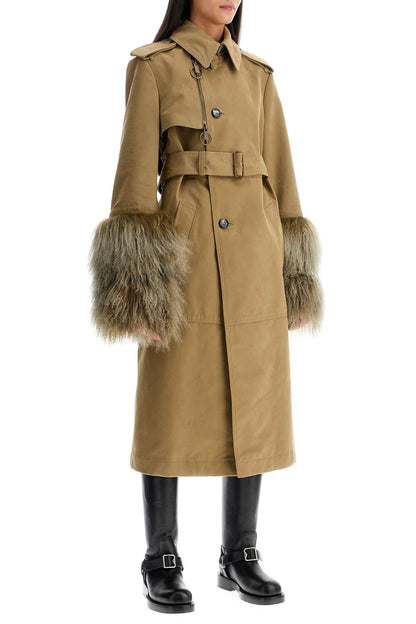 Long Trench Coat With Shearling Cuffs  - Khaki