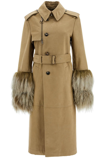 Long Trench Coat With Shearling Cuffs  - Khaki