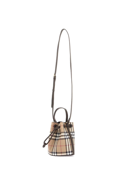 Mini Check Bucket Bag With Drawstring  - Beige