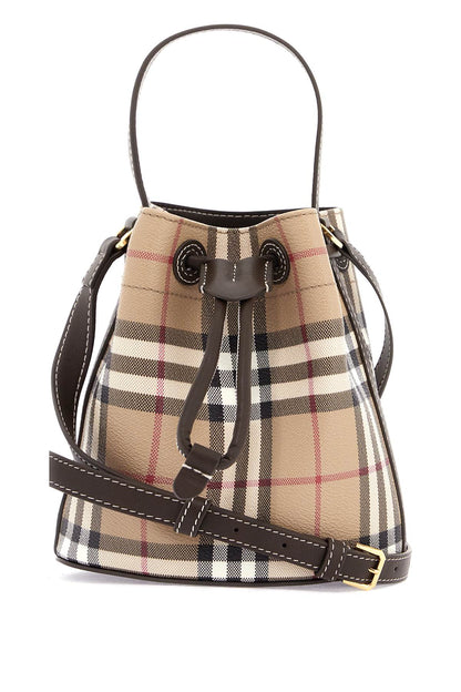 Mini Check Bucket Bag With Drawstring  - Beige