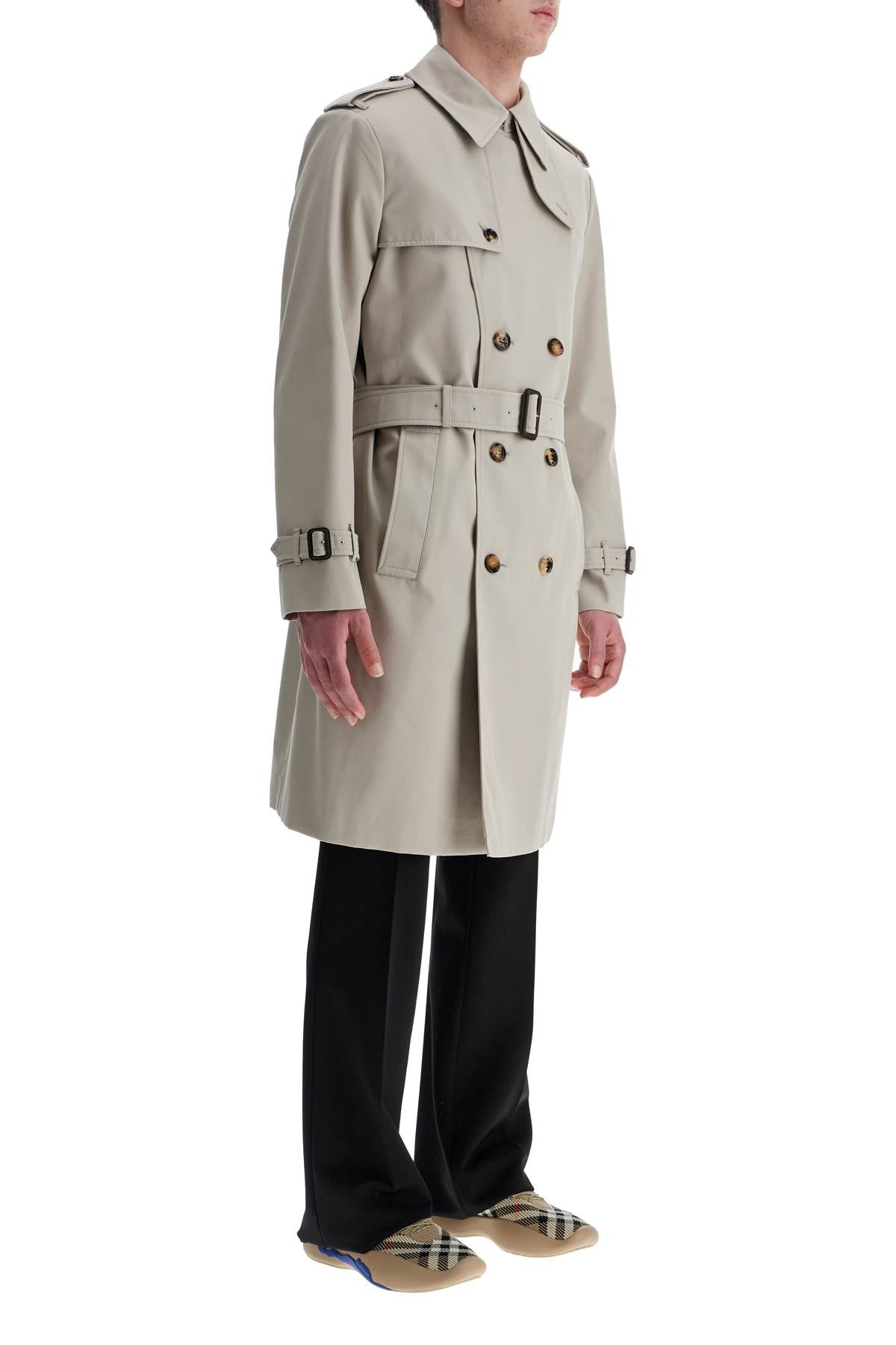 Light Beige Polyester And Cotton Trench Coat With Adjustable Belt  - Beige