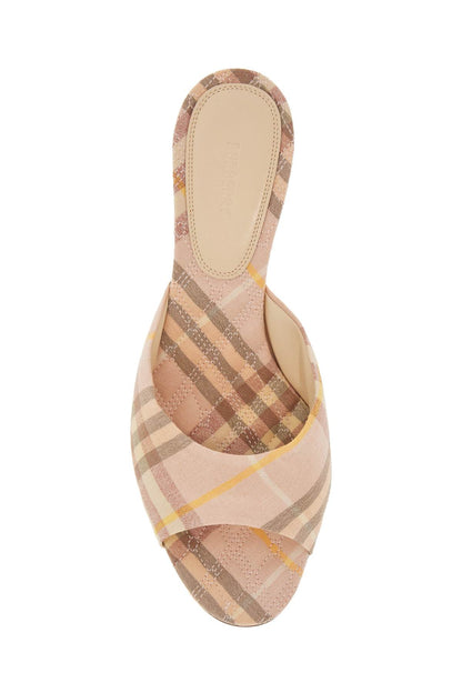 Beige Check Linen Mule Sandals With 6.5 Cm Heel Lf Mews 65 Chk 162393  - Beige