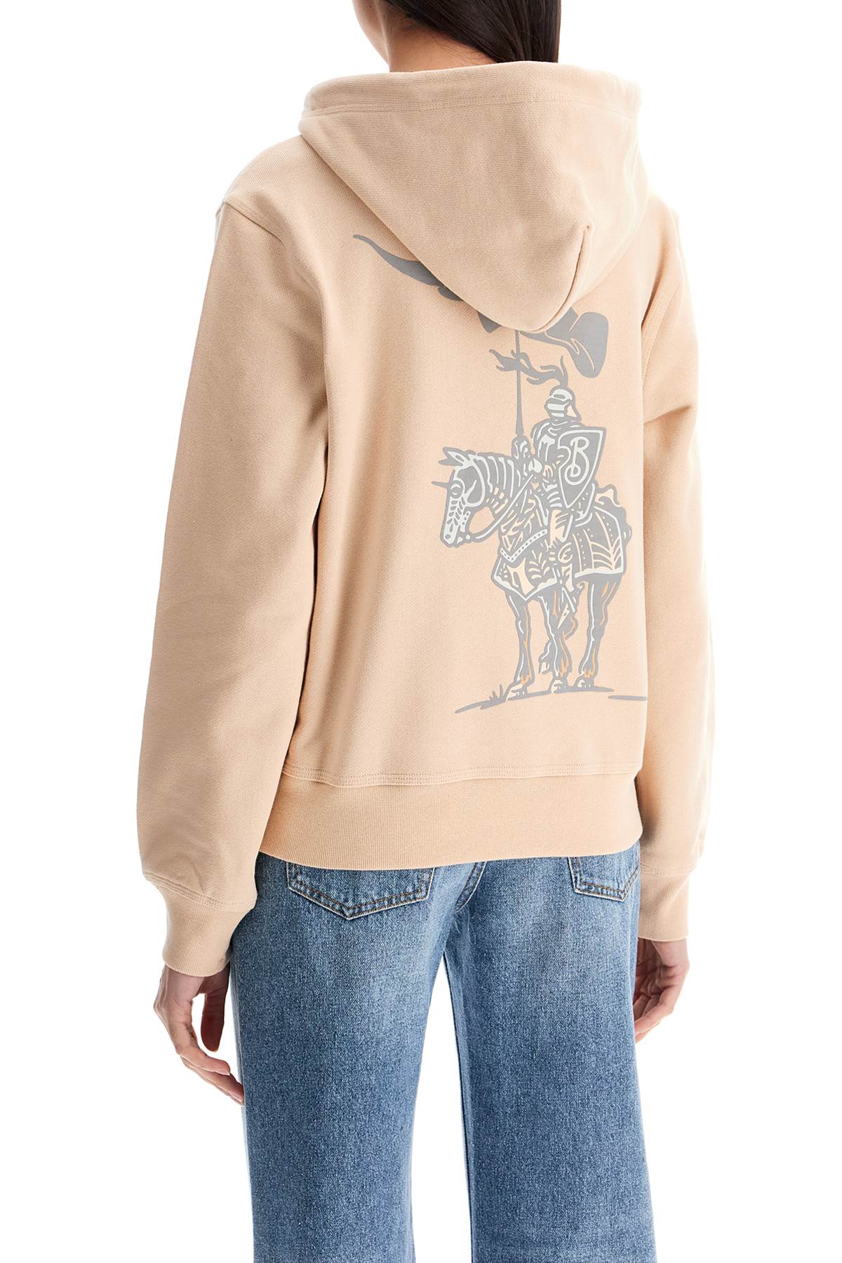 Beige Cotton Hoodie With Knight Illustration  - Beige