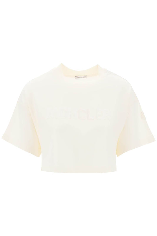 Cropped T-shirt With Sequin Logo  - White