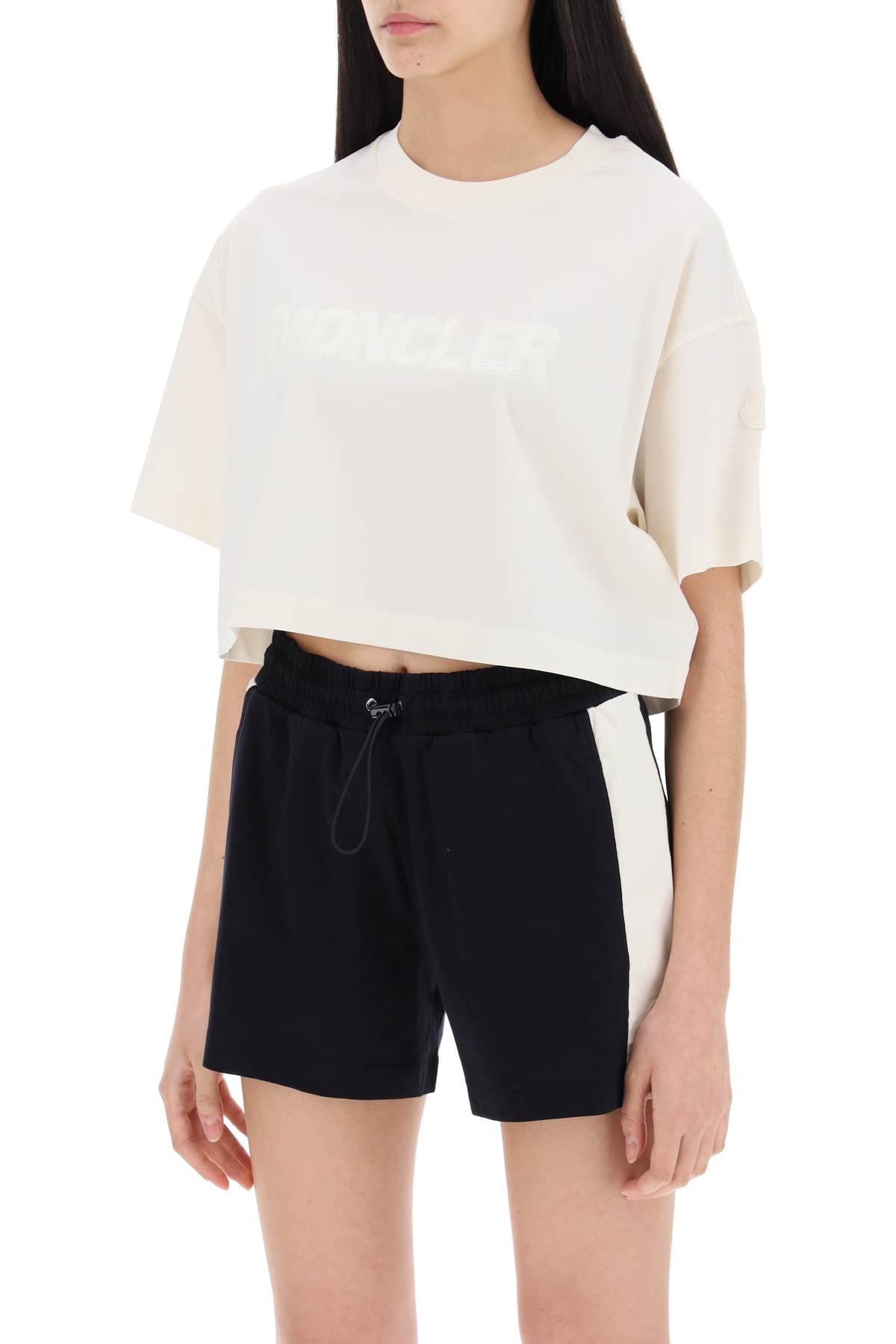 Cropped T-shirt With Sequin Logo  - White