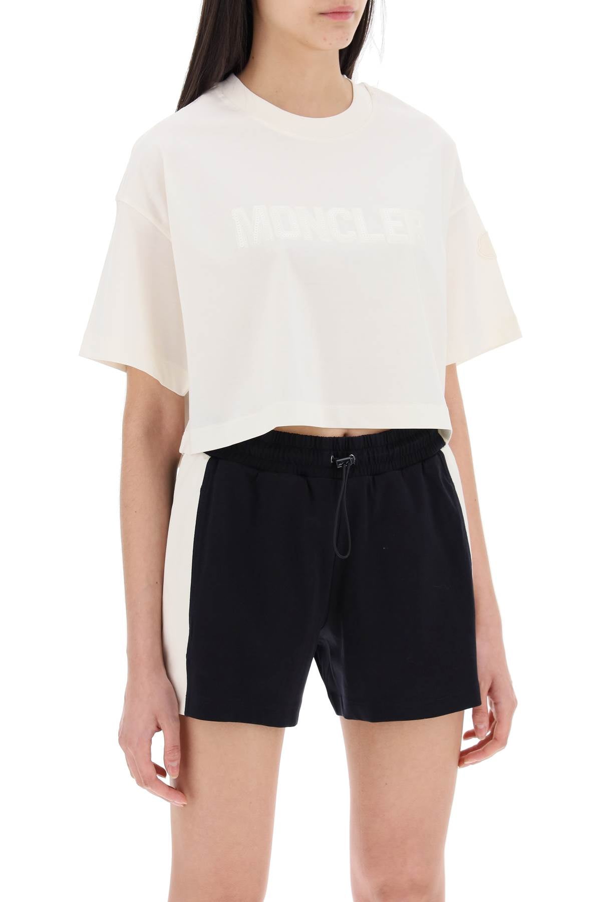 Cropped T-shirt With Sequin Logo  - White