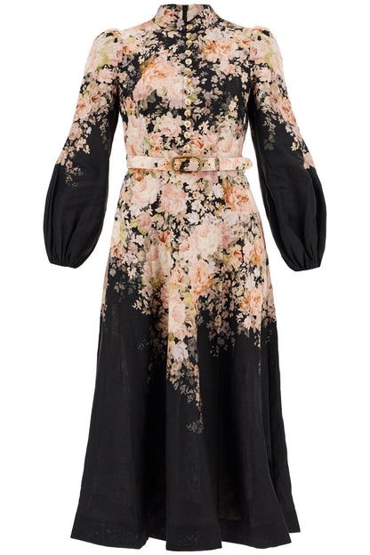 'floral Print Linen Midi Dress With  - Black