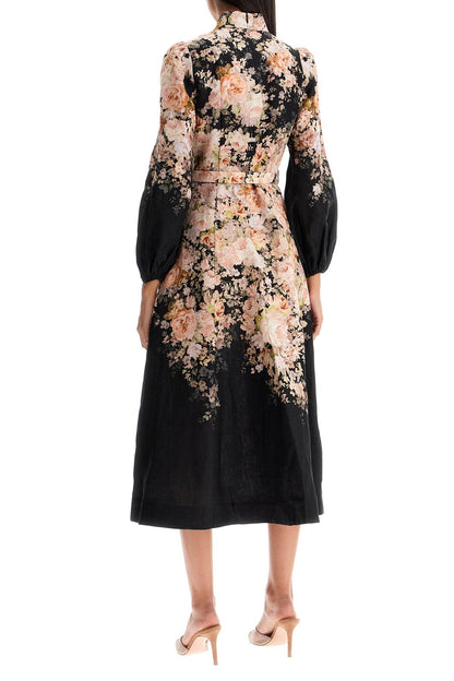 'floral Print Linen Midi Dress With  - Black