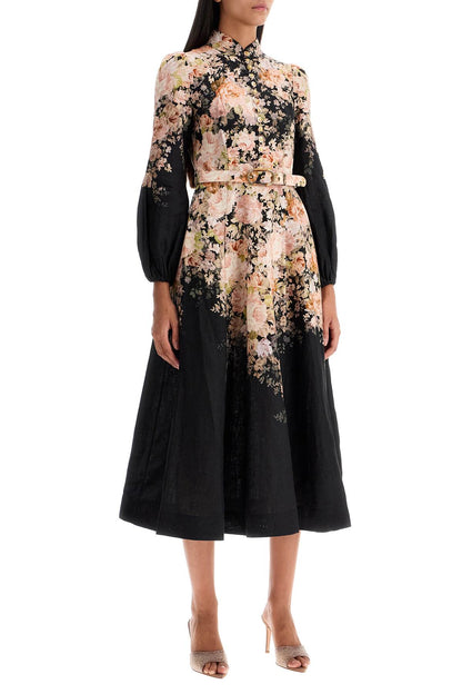 'floral Print Linen Midi Dress With  - Black