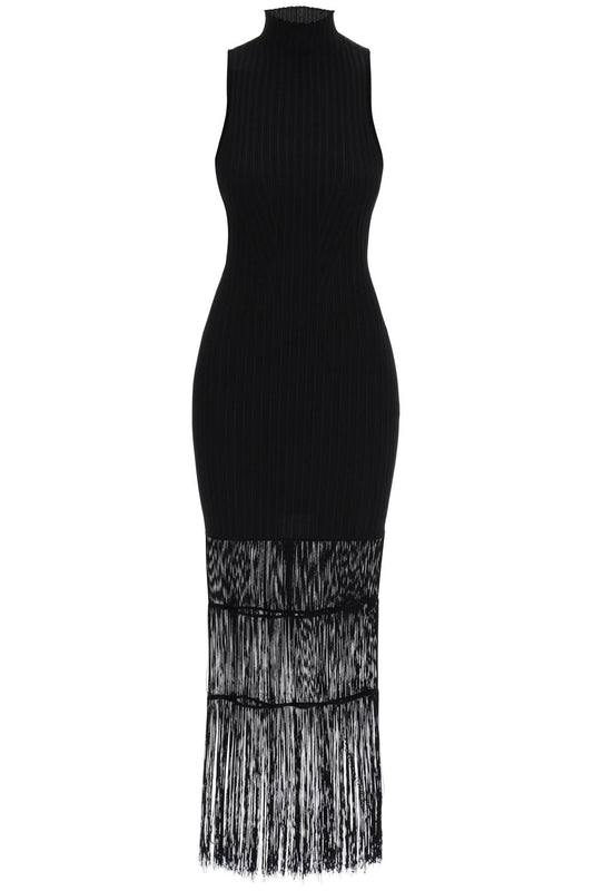 "ribbed Knit Dress With Fringe Details"  - Black