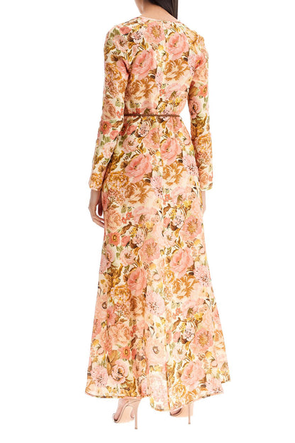 Maxi Linen Golden Plunge Dress With  - Pink