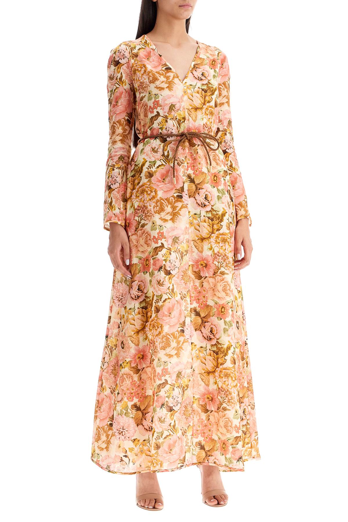 Maxi Linen Golden Plunge Dress With  - Pink