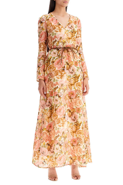 Maxi Linen Golden Plunge Dress With  - Pink