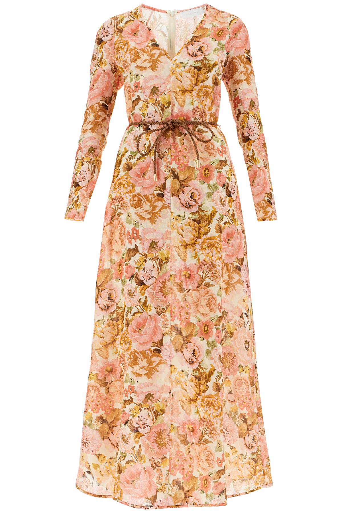 Maxi Linen Golden Plunge Dress With  - Pink