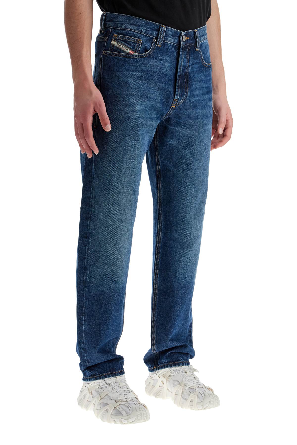 Blue Denim Straight Leg Cotton Jeans With Contrast Stitching  - Blue