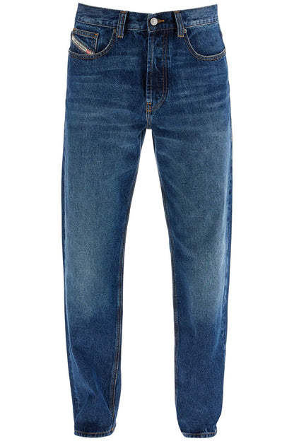 Blue Denim Straight Leg Cotton Jeans With Contrast Stitching  - Blue