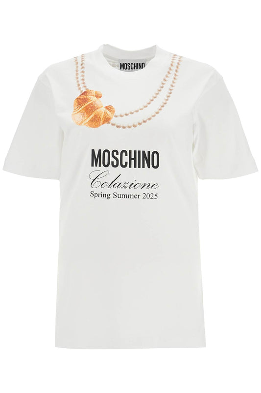 White Cotton T-shirt With Croissant And Pearls Print  - White