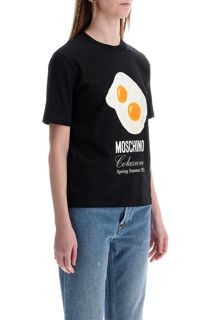 Black Cotton T-shirt With Fried Egg Print  - Black