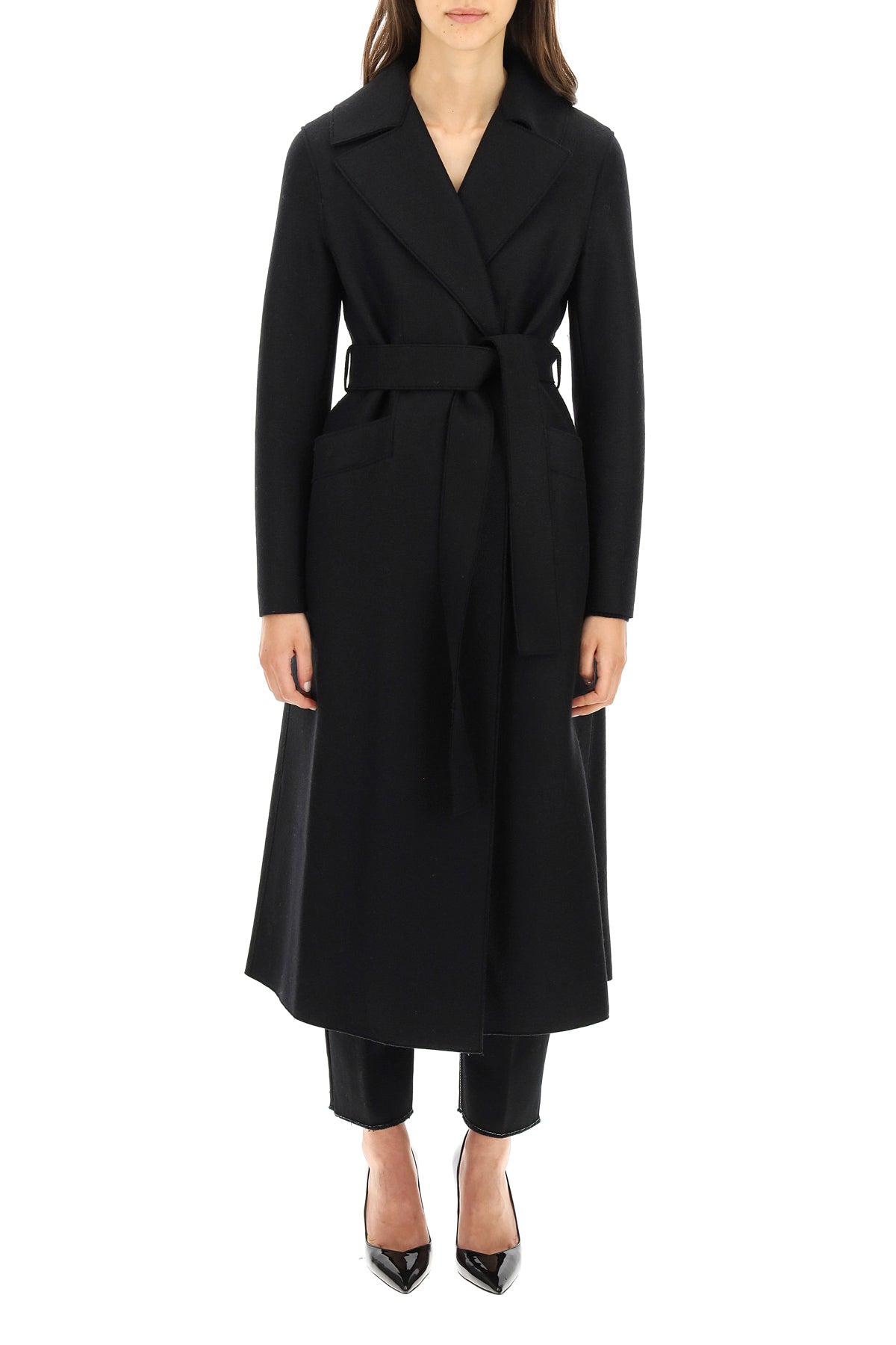 Long Coat In Pressed Wool  - Black