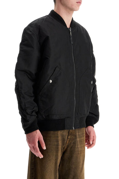 Classic Black Nylon Bomber Jacket With Zip And Side Pockets  - Black