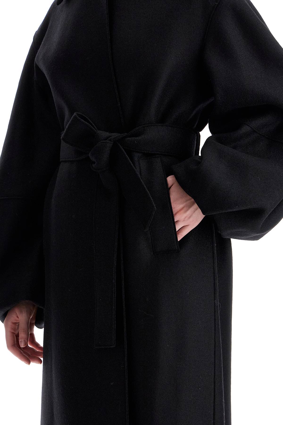 Pressed Wool Robe Coat With Nine Words  - Black