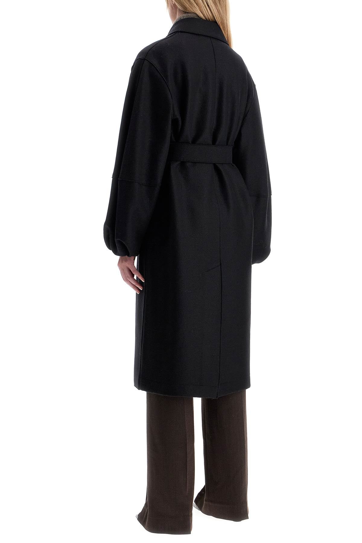 Pressed Wool Robe Coat With Nine Words  - Black