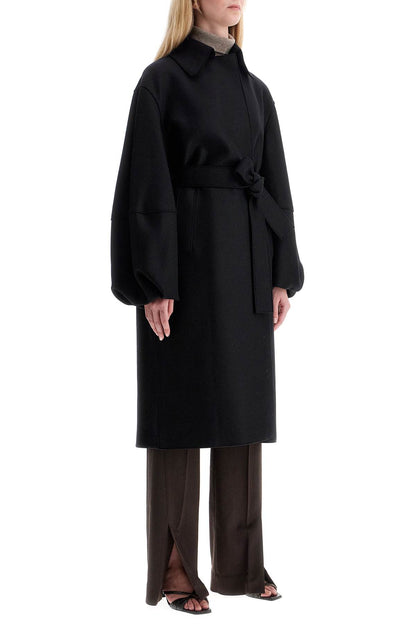 Pressed Wool Robe Coat With Nine Words  - Black