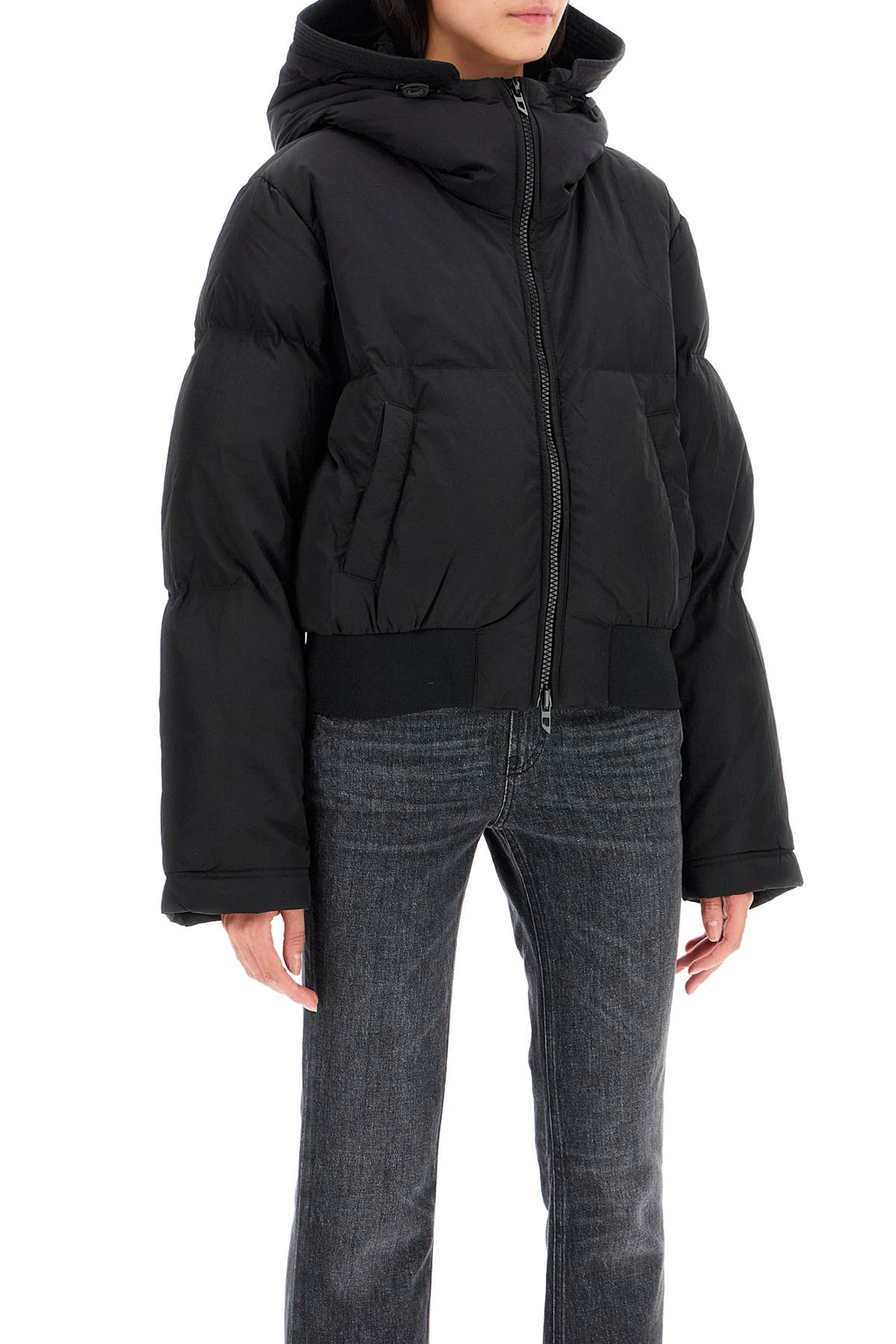 Nylon Crinkle Hooded Down Jacket  - Black