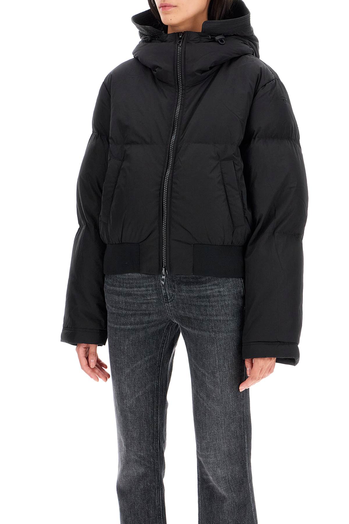 Nylon Crinkle Hooded Down Jacket  - Black