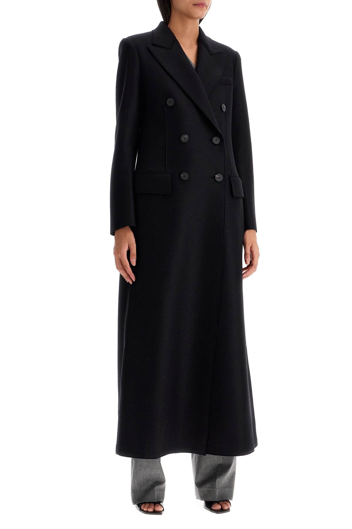 Double-breasted Pressed Wool Coat  - Black