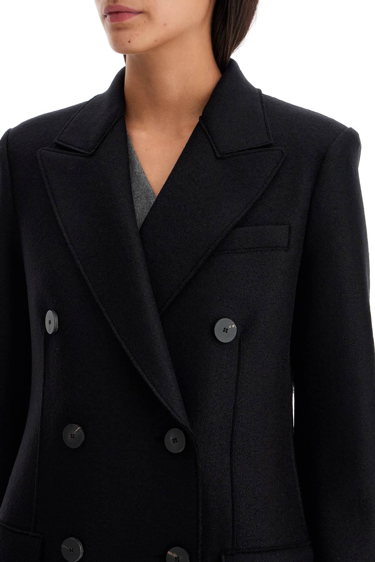 Double-breasted Pressed Wool Coat  - Black