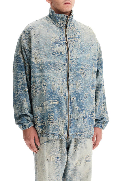 Distressed Denim Jacquard Jacket  - Blue