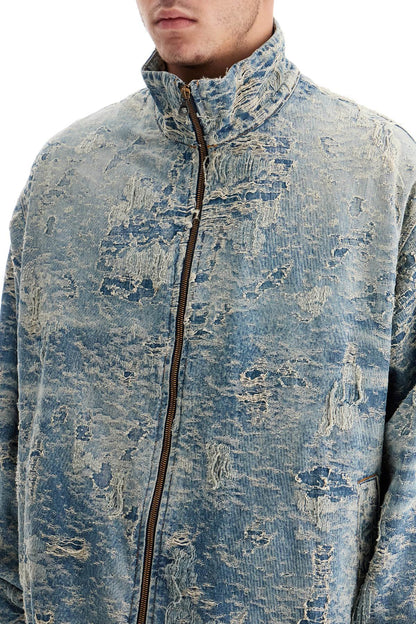 Distressed Denim Jacquard Jacket  - Blue