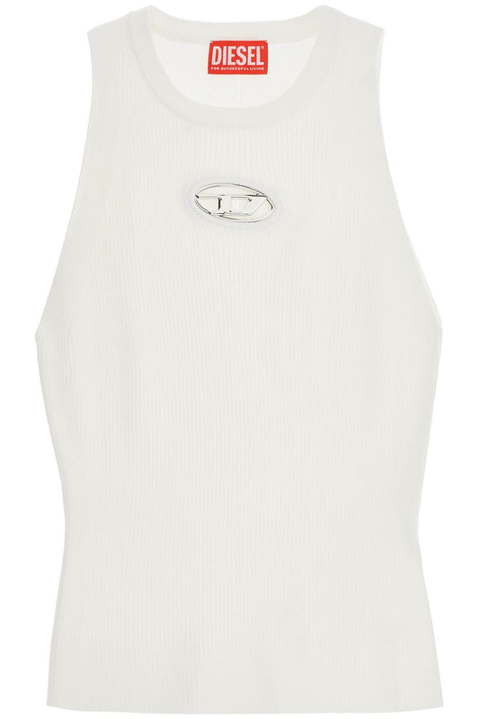 White Sleeveless Ribbed Viscose Top With Metallic Insert  - White