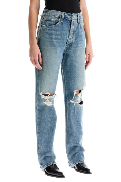 Relaxed Straight Fit Kelly Used Effect Jeans  - Blue