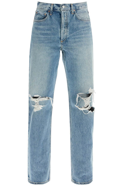 Relaxed Straight Fit Kelly Used Effect Jeans  - Blue