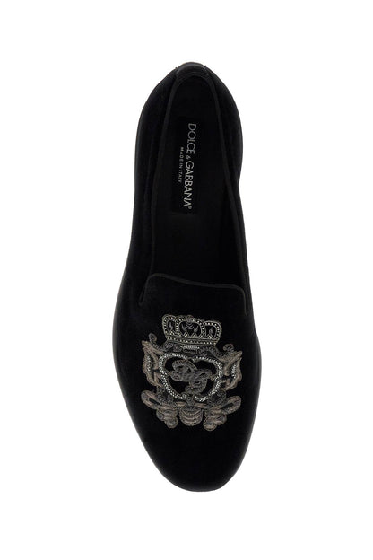 Embroidered Velvet Loafers  - Black