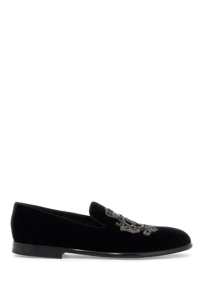 Embroidered Velvet Loafers  - Black